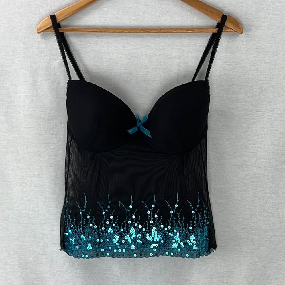 FREDERICKS OF HOLLYWOOD Sequin Bra Tank Top, Size 38C, Black & Turquoise NWOT
